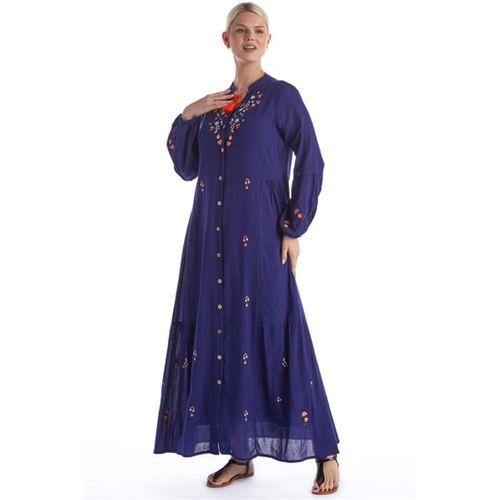 Uzun Kol Mor Nakışlı Püskül Bağcıklı Hakim Yaka Yazlık Şile Bezi Uzun Elbise