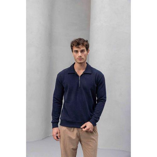 Eric Relax Fit Yarım Fermuarlı Polo Yaka Selanik Kumaş Erkek Sweatshirt - Lacivert