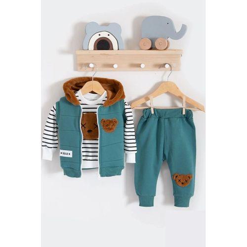 Peluş Ayıcık Desenli Kapişonlu 3'lü Erkek Bebek Takımı