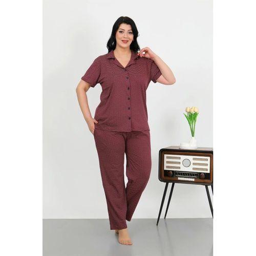 Kadın Büyük Beden Pamuklu Cepli Düğmeli Mor Pijama Takım