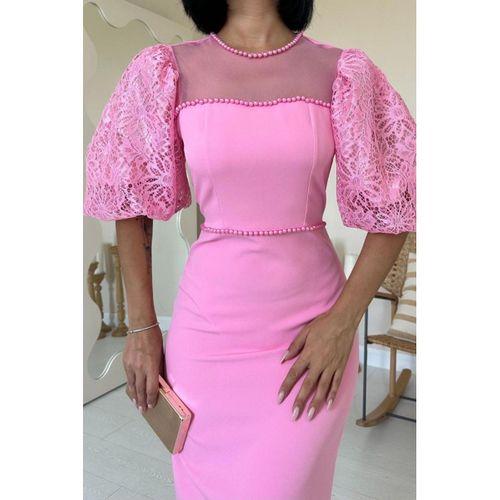 Pembe İncili Tül Detay Elbise