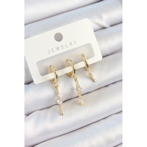 Pirinç Zirkon Taşlı Sallantılı Model Gold Renk 3'lü Çift Kadın Küpe Set