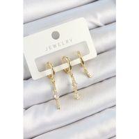Pirinç Zirkon Taşlı Sallantılı Model Gold Renk 3'lü Çift Kadın Küpe Set
