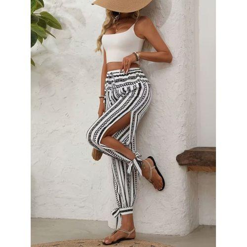 Kadın Yüksek Bel Desenli Paçadan Bağlamalı Yanları Yırtmaçlı Süprem Pantolon