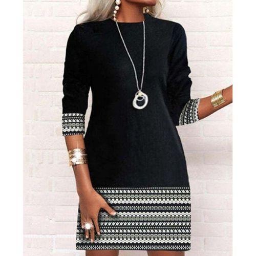 Kadın Uzun Kollu Bisiklet Yaka Kol Ağzı Ve Etek Ucu Baskılı Iki Iplik Elbise