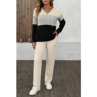 Kadın Uzun Kollu Kapşonlu Bağcıklı Blok Renkli şardonlu Kaşkorse Bluz Ve Pantolon Ikili Takım