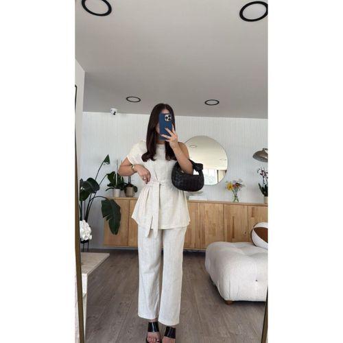 Kadın Omuz Detay Kuşak Dahil Bluz Ve Pantolon Keten Kumaş Ikili Takım