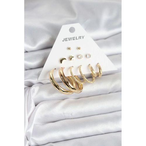 Gold Renk 6 Çiftli Pirinç Kadın Küpe Seti