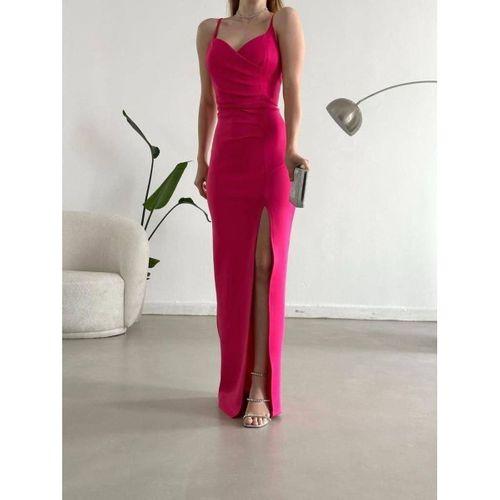 Kadın Dalgıç Kumaş Askılı Yırtmaç Detaylı V Yaka Maxi Boy Elbise