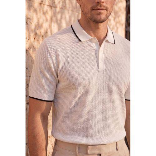 Balzac Yakası Şeritli Düğmeli Polo Yaka Basic Günlük Petek Örgü Triko Erkek T-Shirt - Ekru
