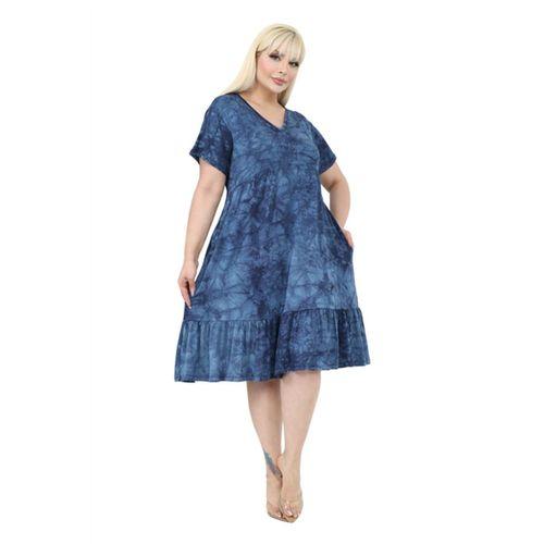 Melsay Butik Göğüsten Robalı V Yaka Kısa Kollu Lacivert Batik Yıkama Cepli Elbise