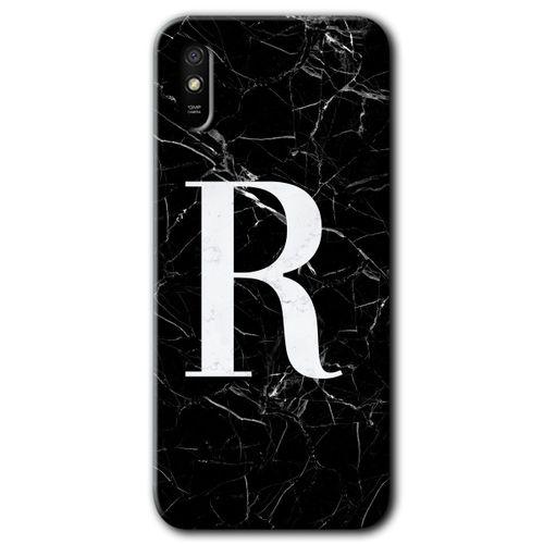 MRCİLETİSİM Xiaomi Redmi 9A Kılıf HD Desen Baskılı Arka Kapak+Temperli Cam - Siyah Mermer Desenli R Harfi