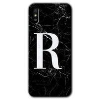 MRCİLETİSİM Xiaomi Redmi 9A Kılıf HD Desen Baskılı Arka Kapak+Temperli Cam - Siyah Mermer Desenli R Harfi