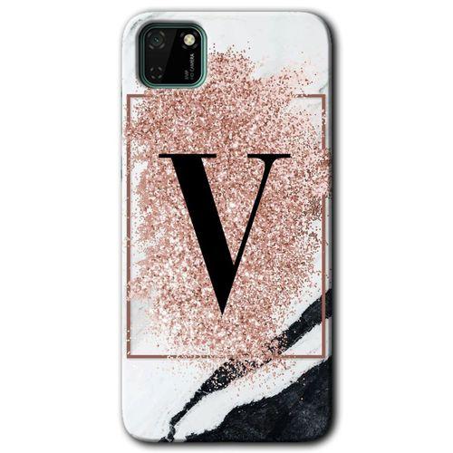 Potkal Hediye Fabrikası Huawei Y5P HD Baskılı Kılıf + 9D Tam Ekran Koruyucu - Pembe Mermer Desenli V Harfi
