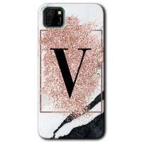 Potkal Hediye Fabrikası Huawei Y5P HD Baskılı Kılıf + 9D Tam Ekran Koruyucu - Pembe Mermer Desenli V Harfi