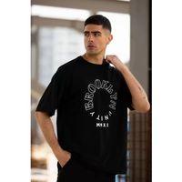 Unisex Bisiklet Yaka Baskılı Oversize T-Shirt - Siyah