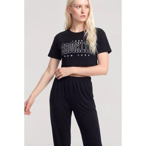 Kadın Siyah Crop T-shirt Pantolon Takım Rahat Günlük Spor Şık İkili Set