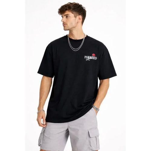 Erkek Bisiklet Yaka Baskılı  Kısa Kollu Tişört Streetwear Günlük Basic Pamuklu T-shirt - Siyah