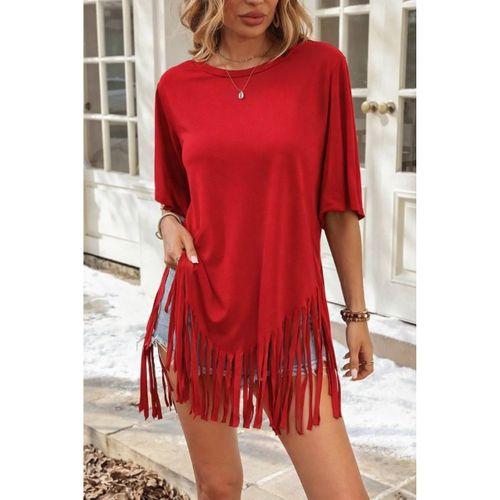 Kadın Kısa Kollu Bisiklet Yaka Püsküllü Viskon Bluz