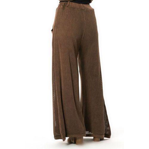 File Detaylı Bol Paça Beli Lastikli Uzun Sonbahar ve Kışlık Cepli Triko Pantolon Kahve Khv