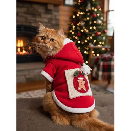 Kartopu Yılbaşı Kedi Kıyafeti Premium Kırmızı Polar | Kapüşonlu Noel Kedi Kostümü | Kurabiye Temalı