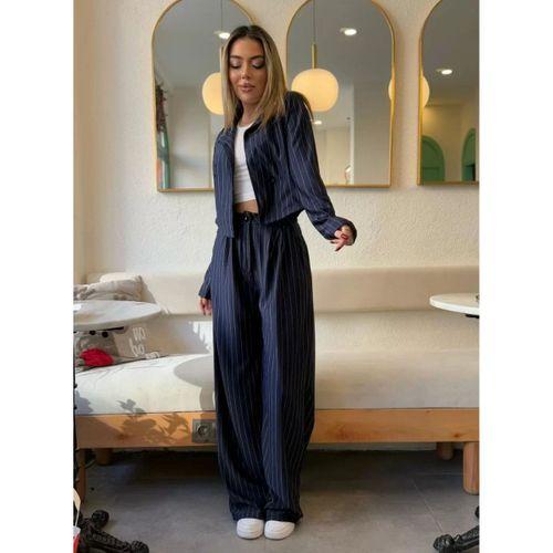 Pilelistore Kadın Uzun Kollu çizgili Bol Paça Pantolon Ceket Atlas Ikili Takım