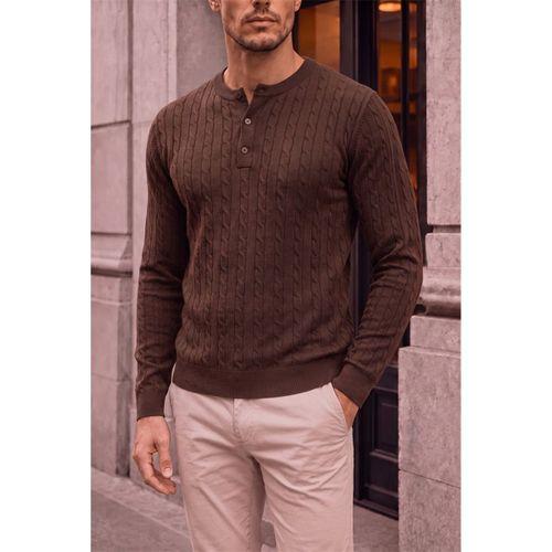 Bergamo %100 Akrilik Henley Yaka Saç Örgülü İnce Erkek Triko Kazak - Kahve