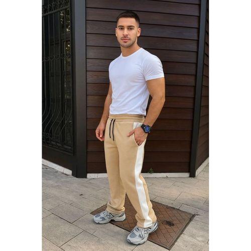 Erkek Üç İplik Kışlık Pamuklu Yandan Garneli Kalın Şeritli Cepli Eşofman Altı - Bej