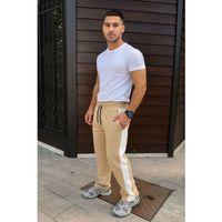 Erkek Üç İplik Kışlık Pamuklu Yandan Garneli Kalın Şeritli Cepli Eşofman Altı - Bej