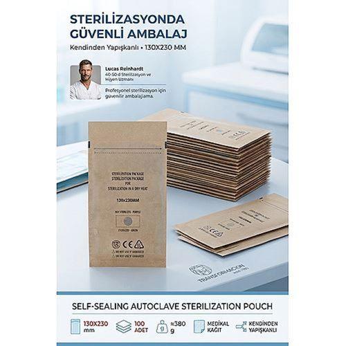 Kuru Hava Sterilizasyon Poşeti Kraft Kağıt 130 X230 MM 100 Adet EN 868 ISO 13485 CE Belgeli Otoklav Kesesi 723724