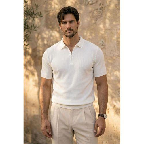 Jeff Selanik Örgü Polo Yaka Yarım Fermuarlı İnce Triko Erkek T-Shirt - Ekru