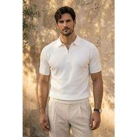 Jeff Selanik Örgü Polo Yaka Yarım Fermuarlı İnce Triko Erkek T-Shirt - Ekru