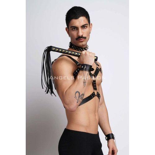 Kırbaç Ve Çivili Choker Detaylı Erkek Fantazi Giyim, Deri Erkek Harness Takım - Brfm102
