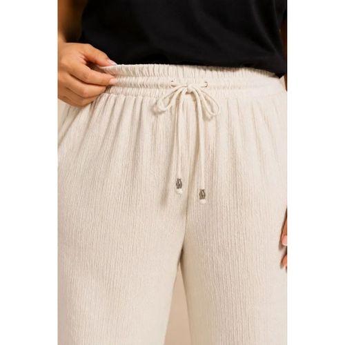 Battal Beden Bürümcük Kumaş Beli Lastikli Bağcıklı Bol Paça Palazzo Pantolon - Beyaz