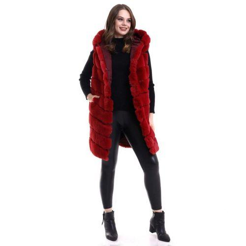 Kapşonlu Peluş Kürk Yelek Premium Kalite, Tam Astarlı, Uzun Model - Kırmızı