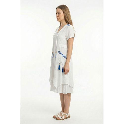 Kısa Kol Nil Vual Diz Boyu Çift Cepli Nakışlı Yazlık Elbise Beyaz Byz