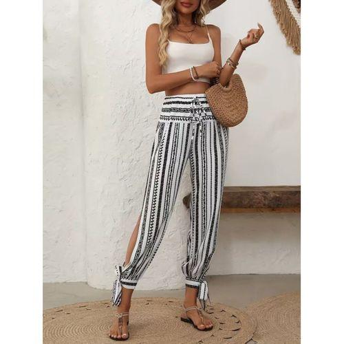 Kadın Yüksek Bel Desenli Paçadan Bağlamalı Yanları Yırtmaçlı Süprem Pantolon