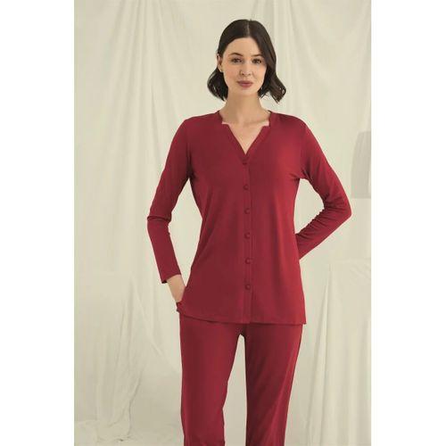 Uzun Kollu Düğmeli V Yaka Pijama Takımı
