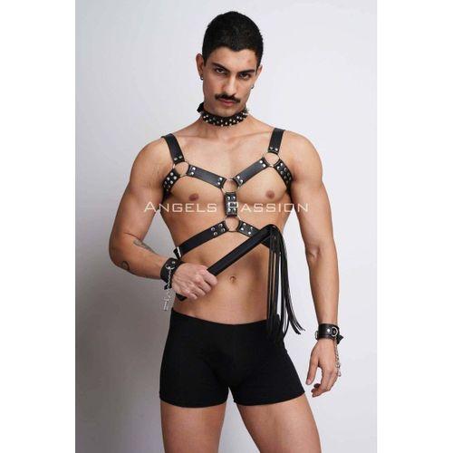 Kırbaç Ve Çivili Choker Detaylı Erkek Fantazi Giyim, Deri Erkek Harness Takım - Brfm102