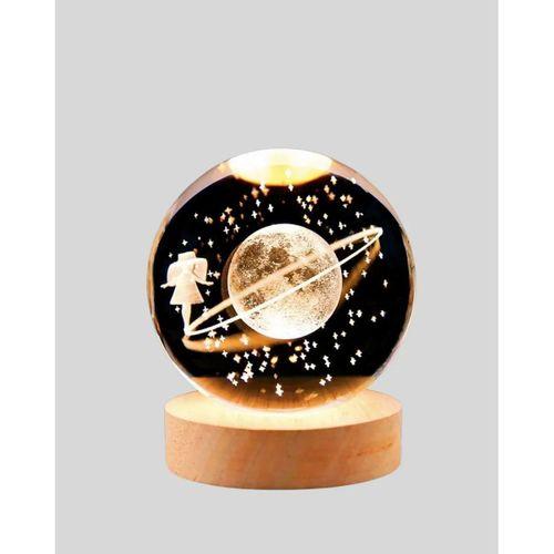 Işıklı Sarı Cam Küre Ve Kız Figürü Ahşap Standlı Dekoratif Lamba