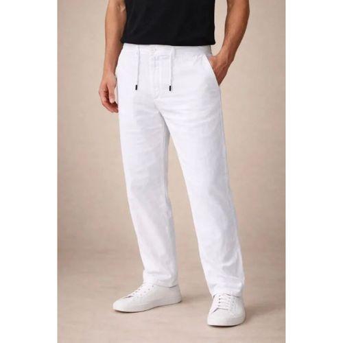 Erkek Keten Cepli Pantolon Lastikli Bel Bağcıklı Önden Fermuarlı - Beyaz