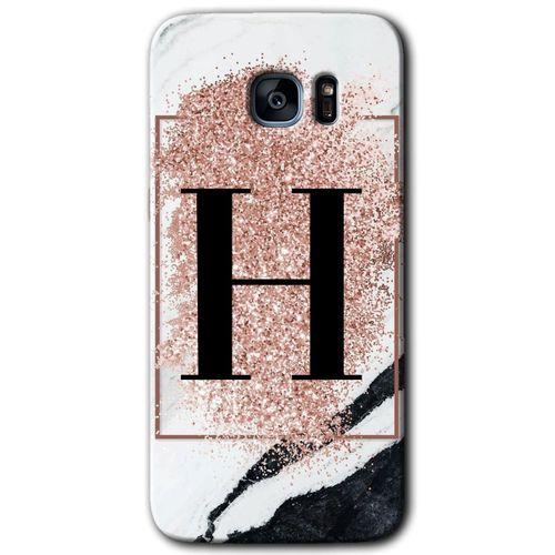 Potkal Hediye Fabrikası Samsung Galaxy S7 Edge HD Baskılı Kılıf + 9D Tam Ekran Koruyucu - Pembe Mermer Desenli H Harf