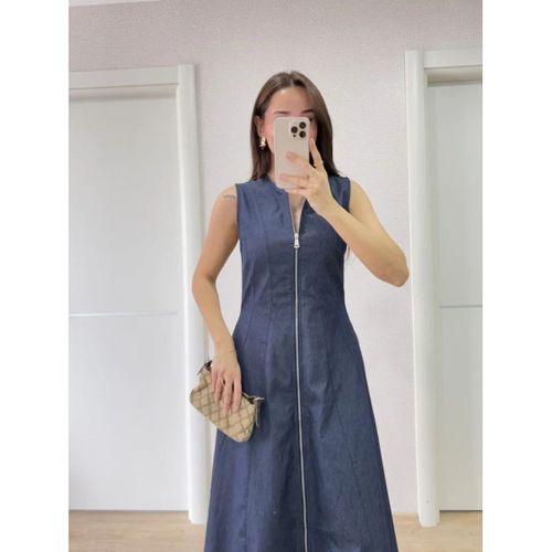 Jeans Kot Önü Tam Fermuarlı Uzun Elbise - Mavi