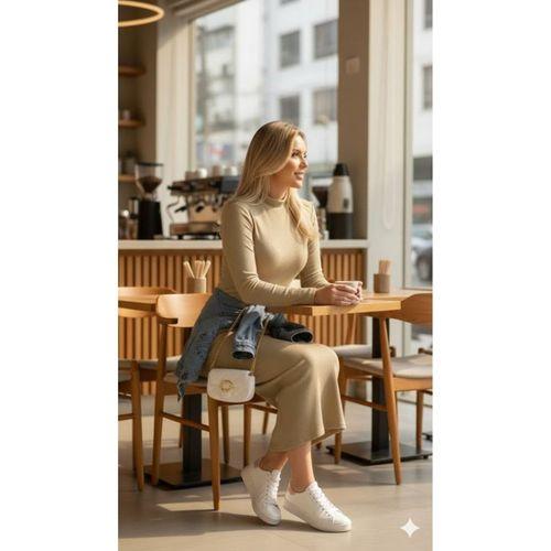 Kadın Uzun Kollu Balıkçı Yakalı Yanlardan Yırtmaçlı Kaşkorse Maxi Elbise