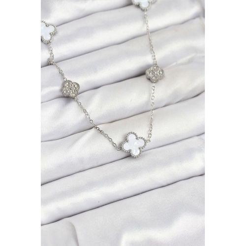 316L Çelik Zincir Gümüş Renk Beyaz ve Zirkon Taşlı Yonca Kadın Kolye