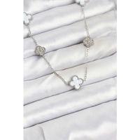 316L Çelik Zincir Gümüş Renk Beyaz ve Zirkon Taşlı Yonca Kadın Kolye
