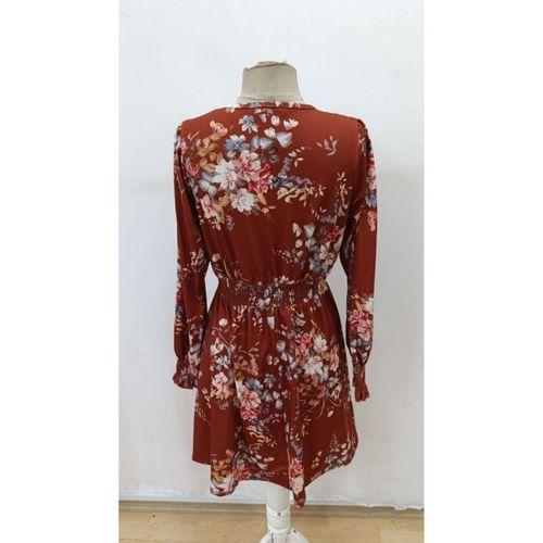 Kadın Uzun Kollu Kruvaze Yakalı çiçek Desenli Mini Süprem Elbise