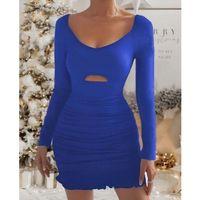 Kadın Uzun Kollu Derin V Yaka Göğüs Altı Dekolte Detay Etek Ucu Fırfırlı Sandy Mini Boy Elbise