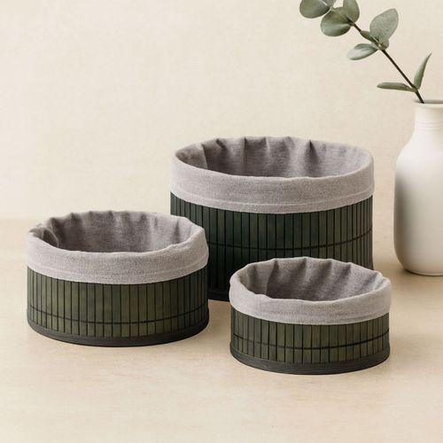 Yuvarlak Bambu Kenarlı Organizer Sepet (Gri, Ahşap Tabanlı)