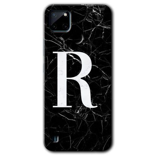 MRCİLETİSİM Realme C21 Kılıf Baskılı Kapak - Siyah Mermer Desenli R Harfi + 5D Tam Kaplayan Cam